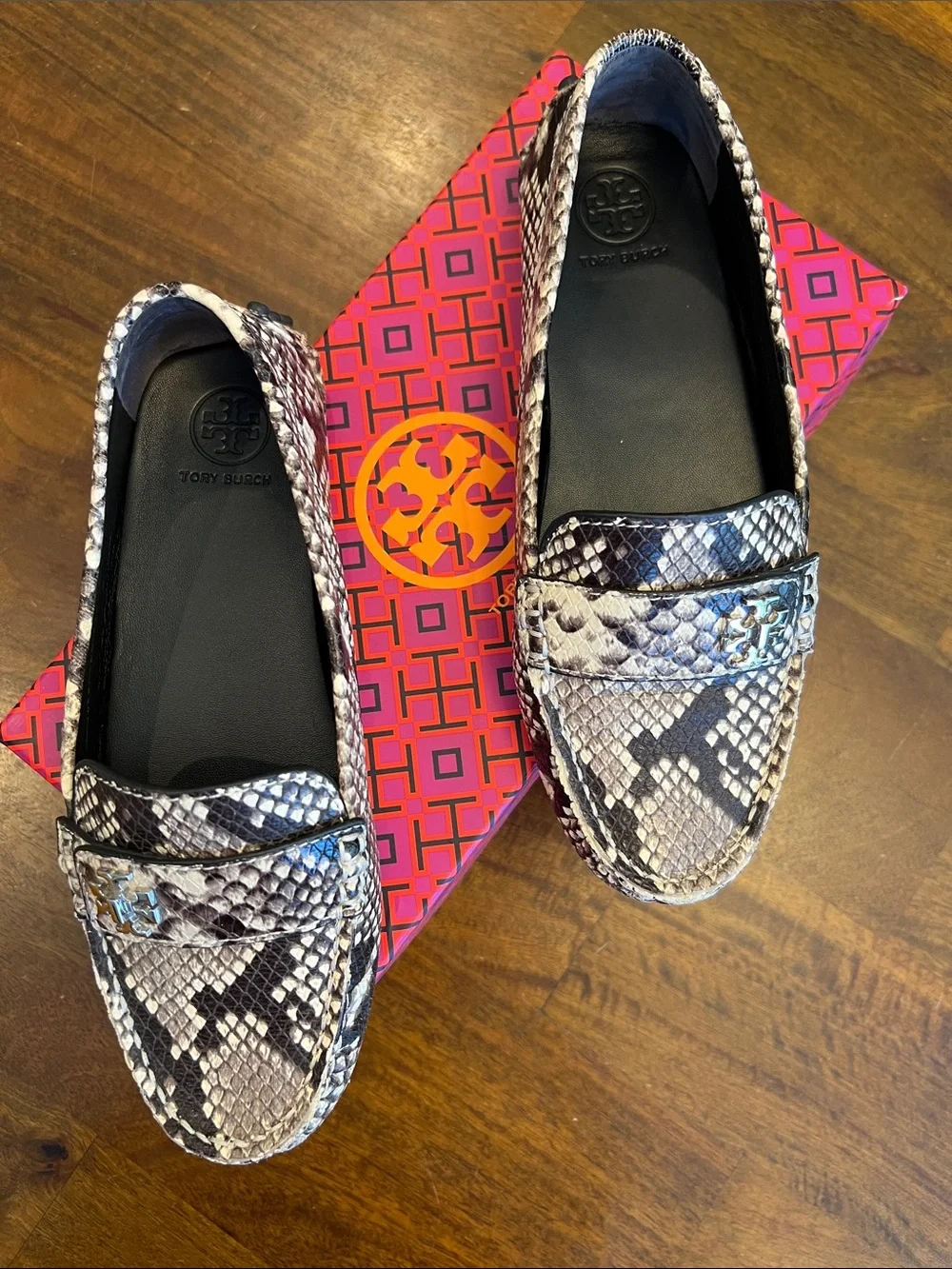 Tory Burch Snake-Embossed Penny Loafers in Black and Cream